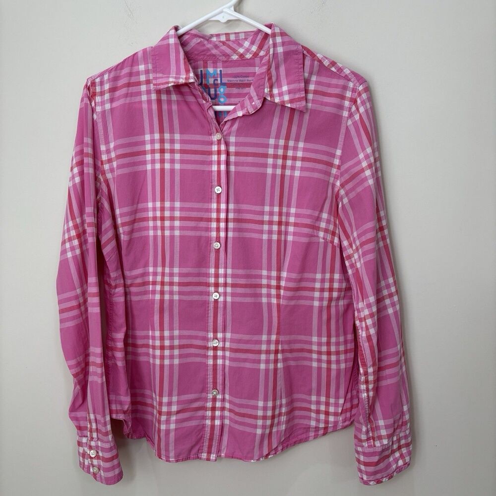 J McLaughlin Women Plaid Pink Button Up Shirt sz 10 Preppy Barbie Classic FLAW